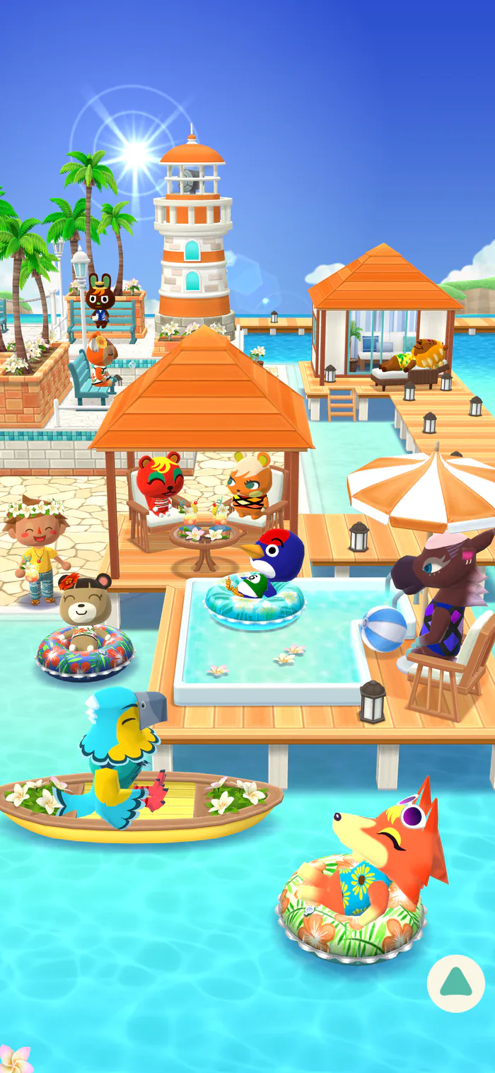 La spiaggia di Animal Crossing: Pocket Camp Complete in grafica tridimensionale: un faro bianco e rosso, un pontile con gli ombrelloni e gli abitanti del villaggio che galleggiano sulle ciambelle nell'acqua turchese.